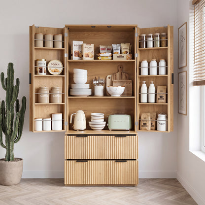 72" Modern Fluted Kitchen Pantry Cabinet with 2 Large Drawers & 8-Door Spice Rack, Freestanding Storage Organizer for Bathroom, Dining Room, Office, Entryway, Oak image 2