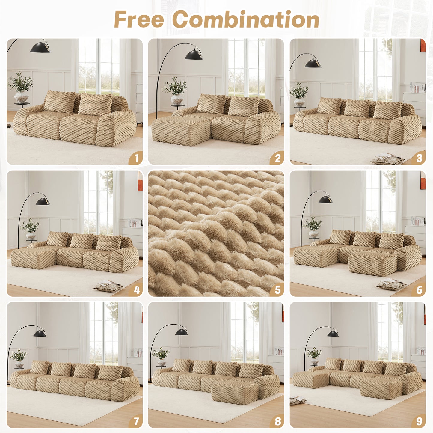 82" Modern Modular Sectional Sofa for Living Room,Flannelette Fabric,highly textured,Oversized 2-Seater Couch with Deep Seat,Buckle connection,Anti-slip Design,No Assembly,boneless sofa,Light Camel image 7