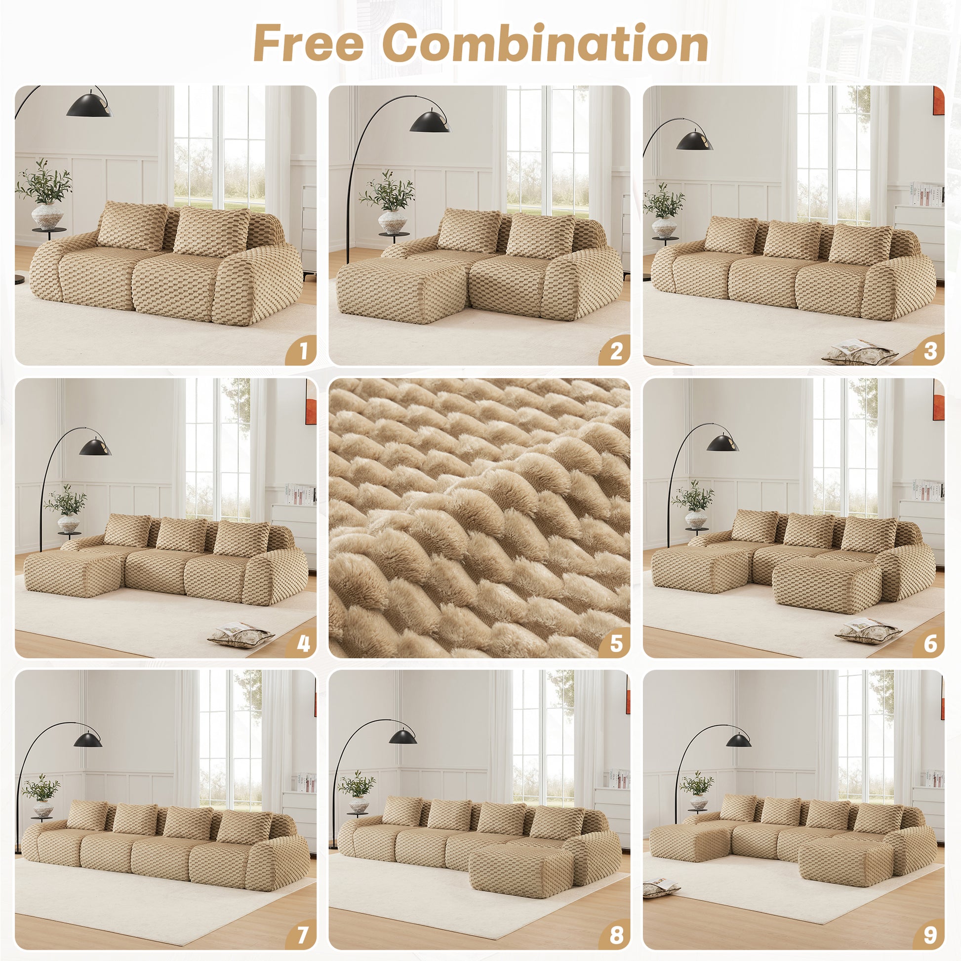 82" Modern Modular Sectional Sofa for Living Room,Flannelette Fabric,highly textured,Oversized 2-Seater Couch with Deep Seat,Buckle connection,Anti-slip Design,No Assembly,boneless sofa,Light Camel image 7