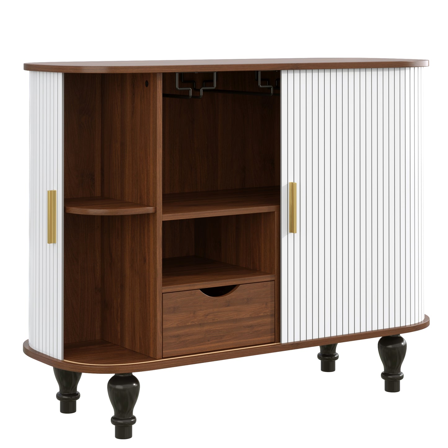 39" Fluted Liquor & Coffee Bar Cabinet with 6 Wine Racks and 3 Glass Holders, Mid-Century Modern Bar Cabinet with A Large Storage Drawer,4 Hidden Storage Space on the Side, White image 3