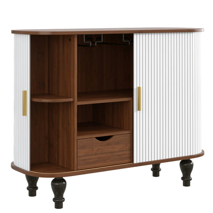 39" Fluted Liquor & Coffee Bar Cabinet with 6 Wine Racks and 3 Glass Holders, Mid-Century Modern Bar Cabinet with A Large Storage Drawer,4 Hidden Storage Space on the Side, White image 3
