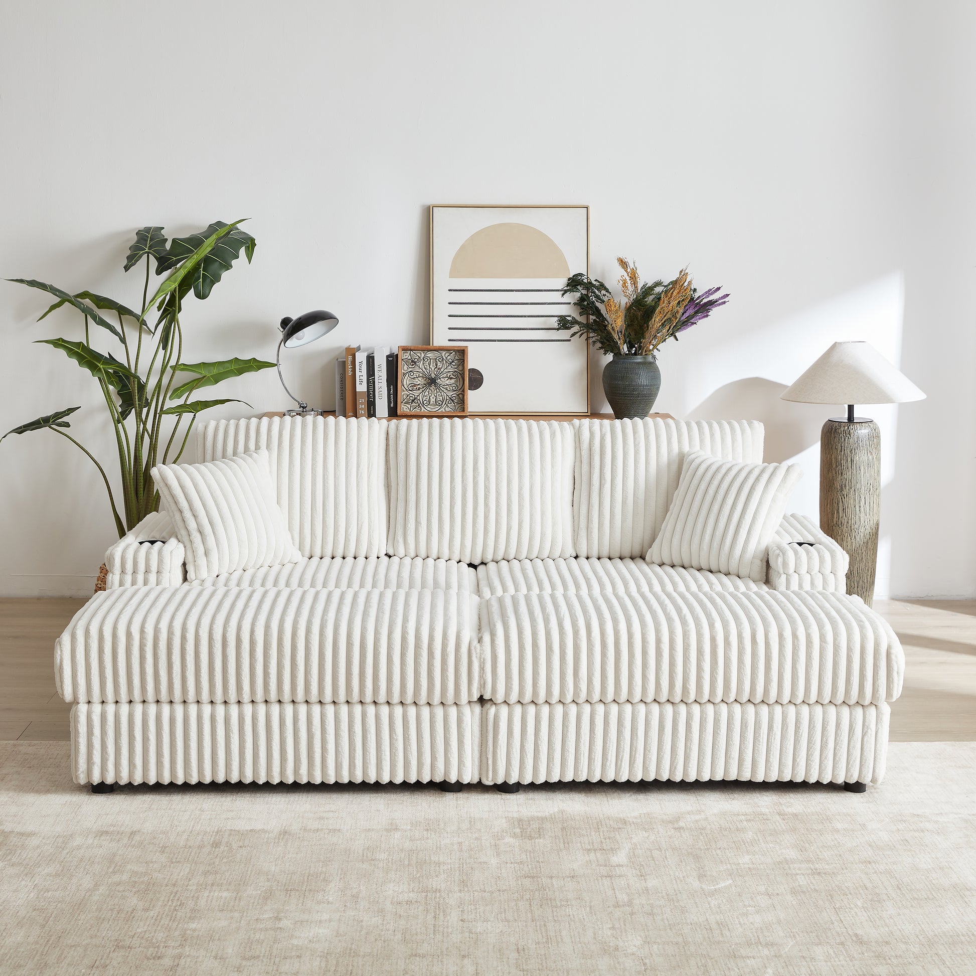 84Inch Corduroy 3-seater sofa With 3 back pillows,2 toss pillows, 2 ottoman,2 Footstool Storage and cup-holding grooves Comfy Sofa- Deep Seat Couch for Living Room image 12