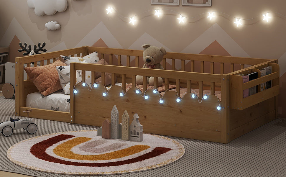 Twin Montessori Floor Bed Frame with High Rails, Wood Kids Floor Beds with Light and Storage Shelf, Natural (Expect Arrival Date 2025/8/15) image 10
