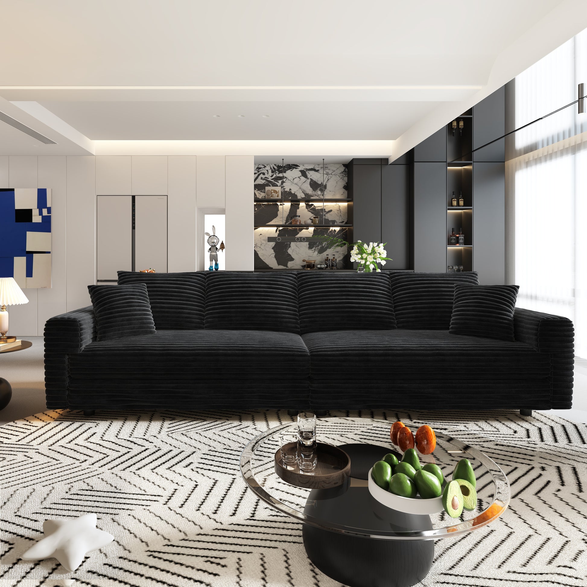 102.4 " Plush Corduroy 4-Seat Sofa,Modern Comfy Upholstered Sofa Cloud Couch,Deep Seat Couches with Soft Pillows,Convertible Deep Seat Sofa Lounge Chair for Apartment,Office,Black(Old Sku:W1885S00272 image 2