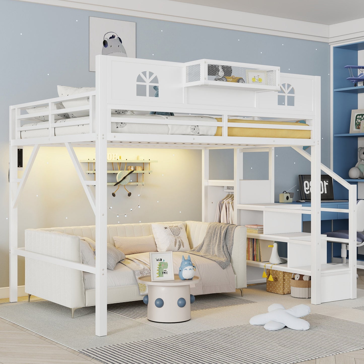 Queen Size Loft Bed with Stairs, Metal Queen Loft Bed with High and House Shaped Guardrails, High Loft Bed with Wardrobe for Kids Teens, White (Old SKU W2593S00038 Expect Arrival Date2026/3/7) image 4