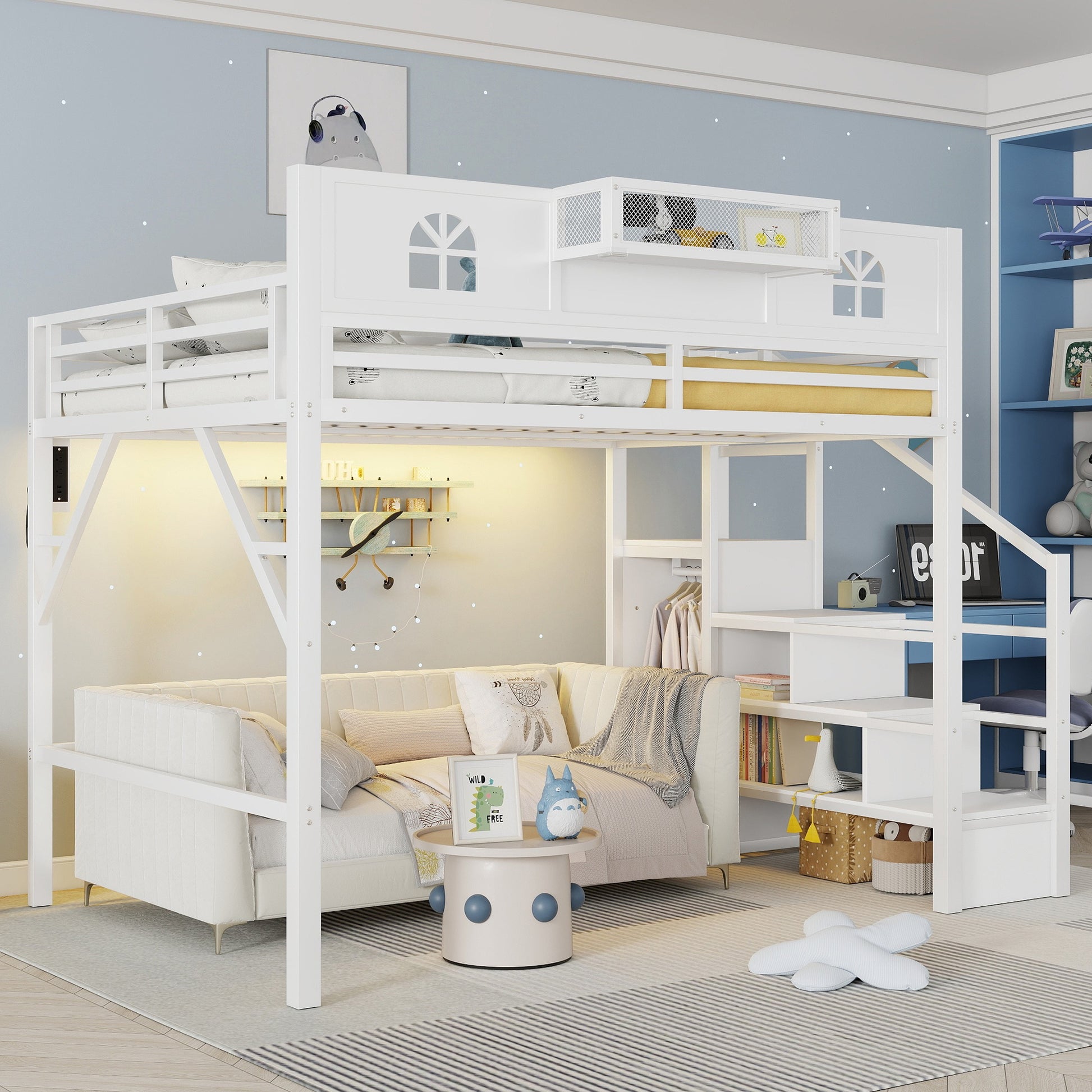 Queen Size Loft Bed with Stairs, Metal Queen Loft Bed with High and House Shaped Guardrails, High Loft Bed with Wardrobe for Kids Teens, White (Old SKU W2593S00038 Expect Arrival Date2026/3/7) image 4