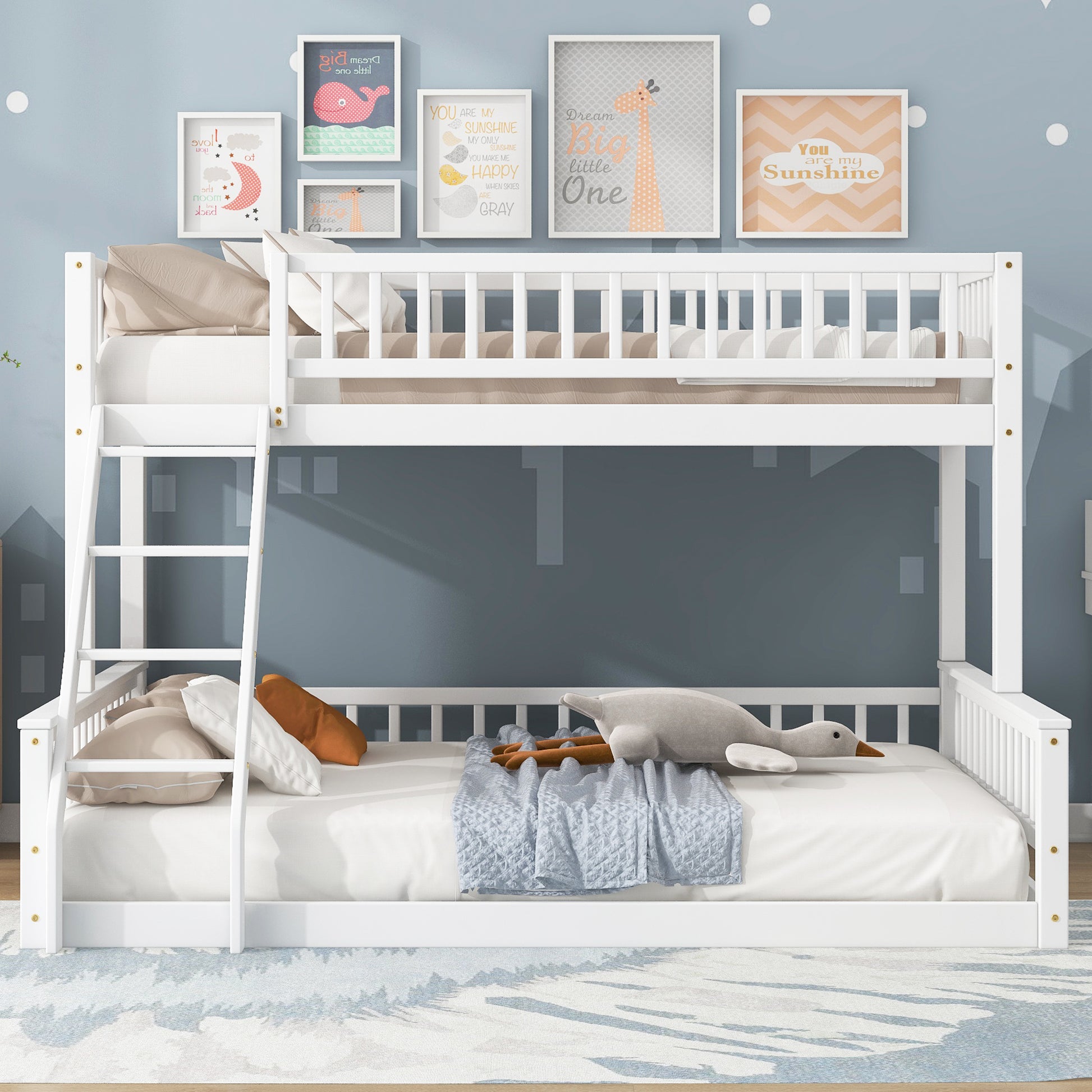 Twin XL over Queen Bunk Bed with Ladder and Guardrails, White image 4
