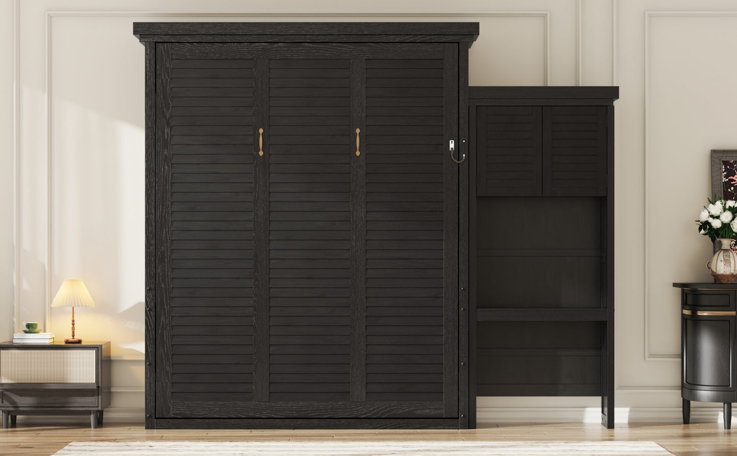Queen Size Murphy Bed with Multiple Storage Shelves and Louvered Style Decoration,Black image 5