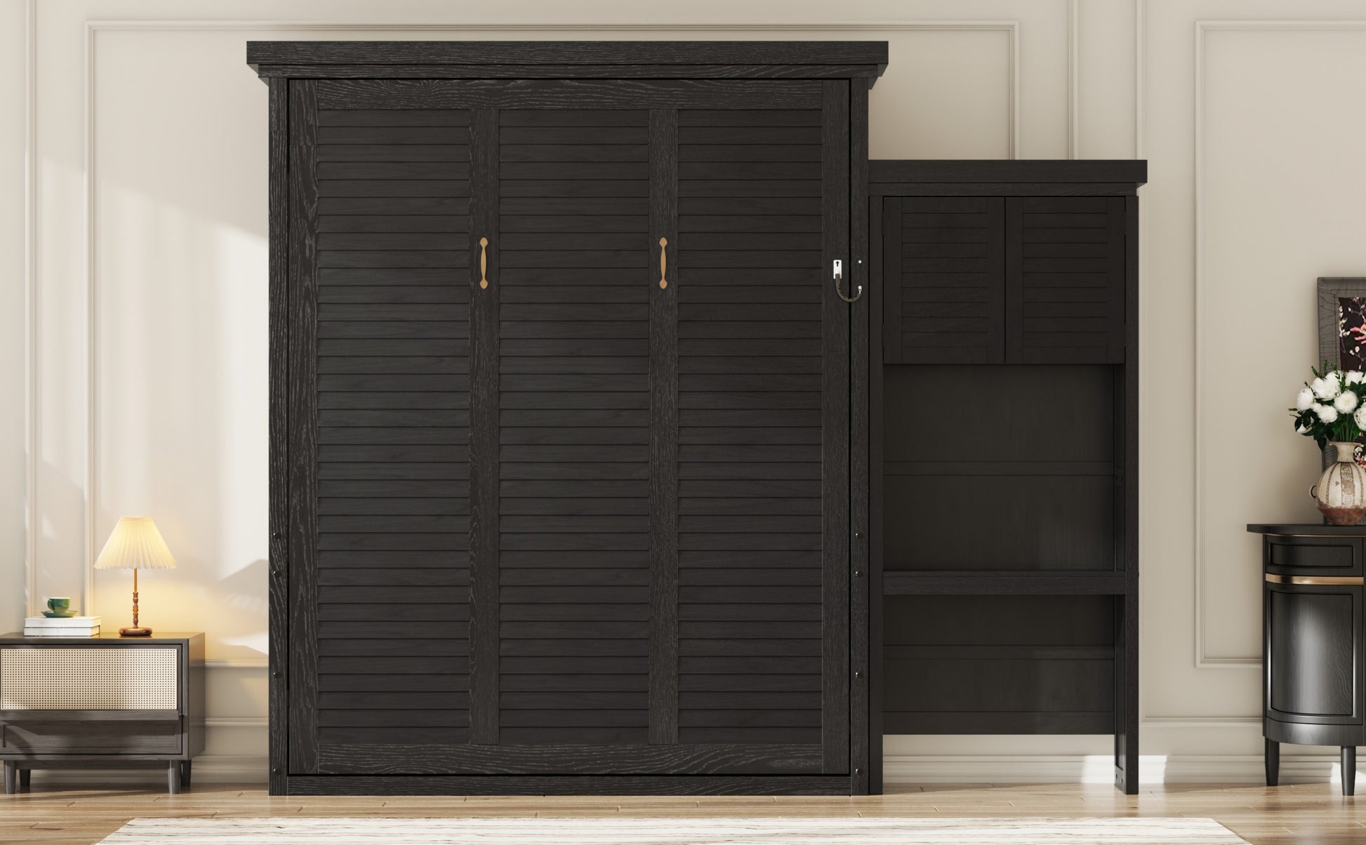 Queen Size Murphy Bed with Multiple Storage Shelves and Louvered Style Decoration,Black image 5
