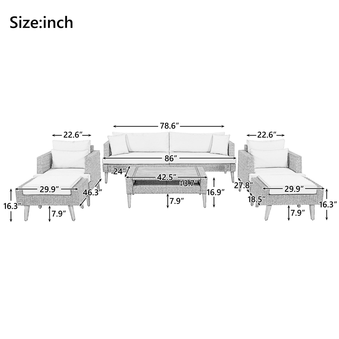 <Old SKU: FG201219AAA> 6-Pieces All Weather PE Wicker Sofa Set, Outdoor Rattan sofa With Double Cushions, Wood Legs Wood Table Top, Beige and Gray image 9