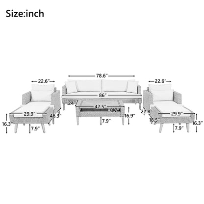 <Old SKU: FG201219AAA> 6-Pieces All Weather PE Wicker Sofa Set, Outdoor Rattan sofa With Double Cushions, Wood Legs Wood Table Top, Beige and Gray image 9