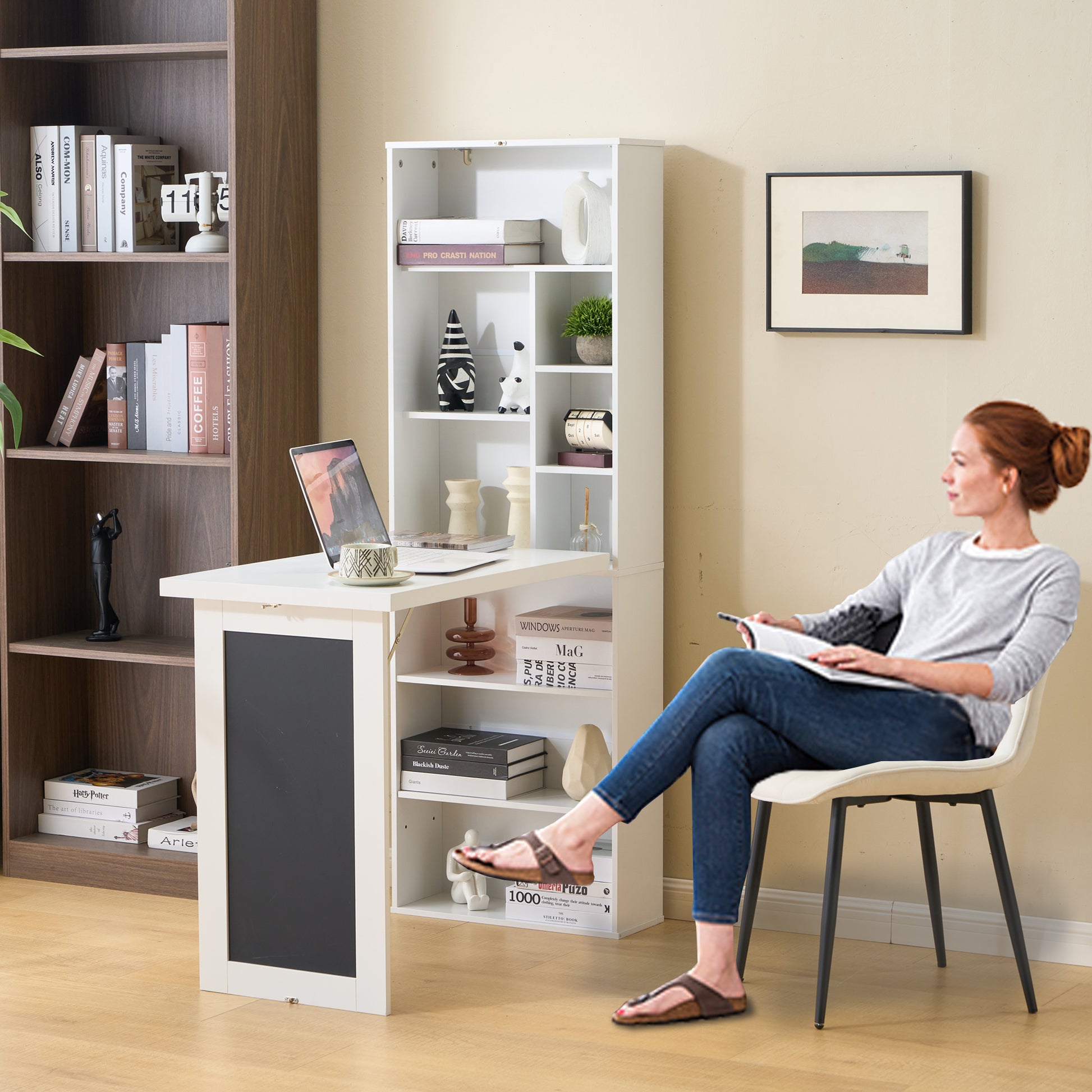Fold-out Convertible Writing Desk, Wall Mount Table Cabinet with Blackboard and Storage Shelves, Space-Saving Murphy Desk for Home Office Living Room Bedroom (White) image 5