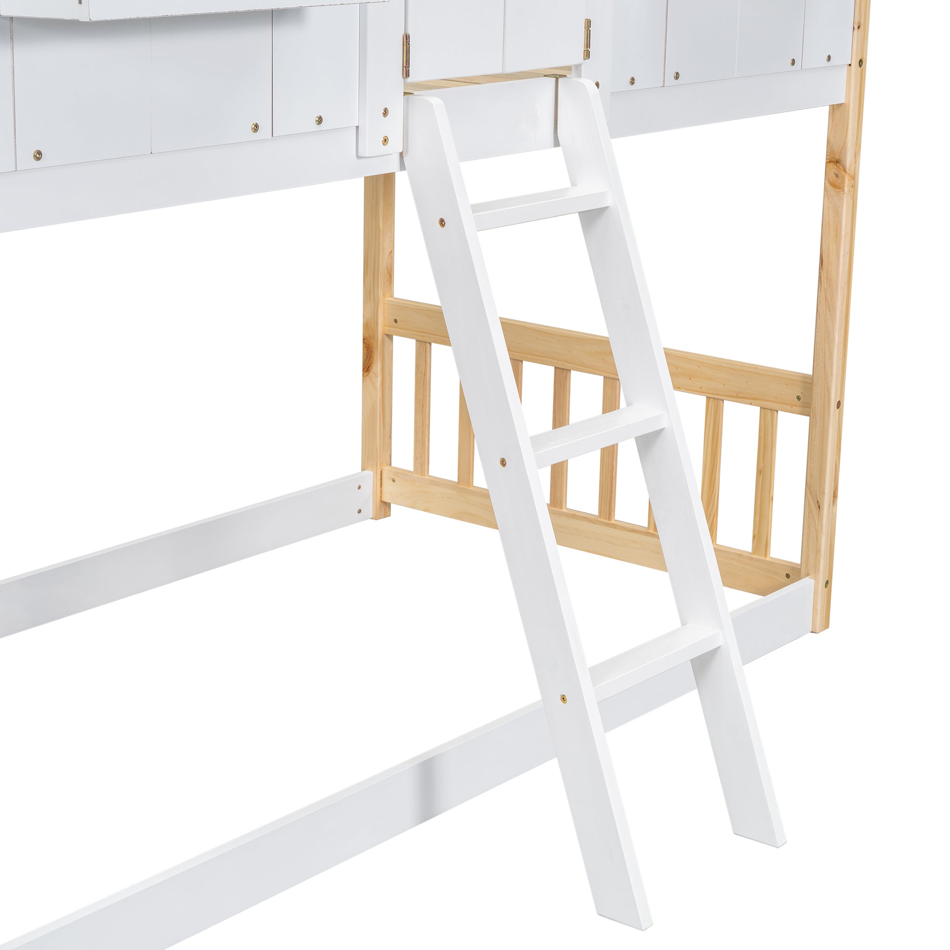 Twin over Twin House Bunk Bed with Roof, Window, Window Box, Door, with Safety Guardrails and Ladder, Natural/White image 12