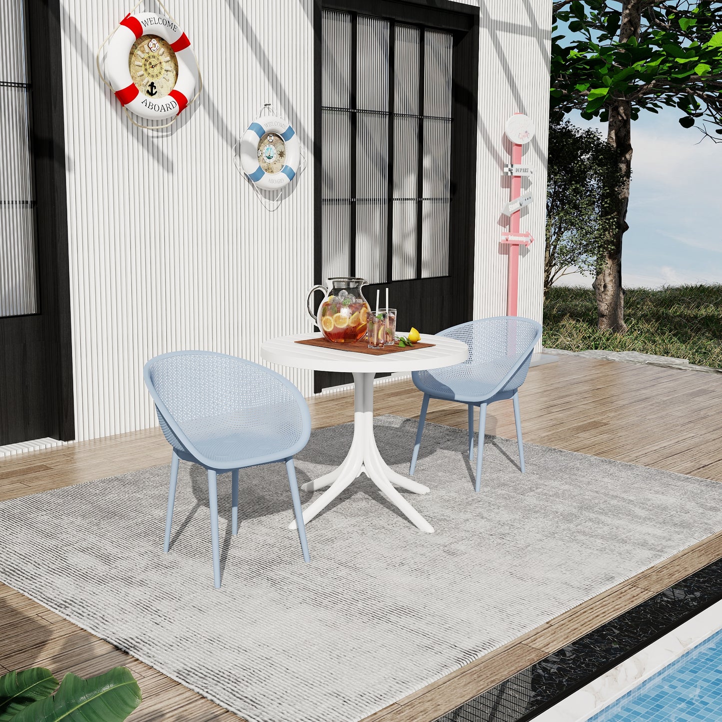 Summer - 2-Pack Light Blue Modern Lounge Chairs – Indoor/Outdoor All-Weather PP Plastic with 36 Inch Indoor/Outdoor Modern White Round PP Table image 1