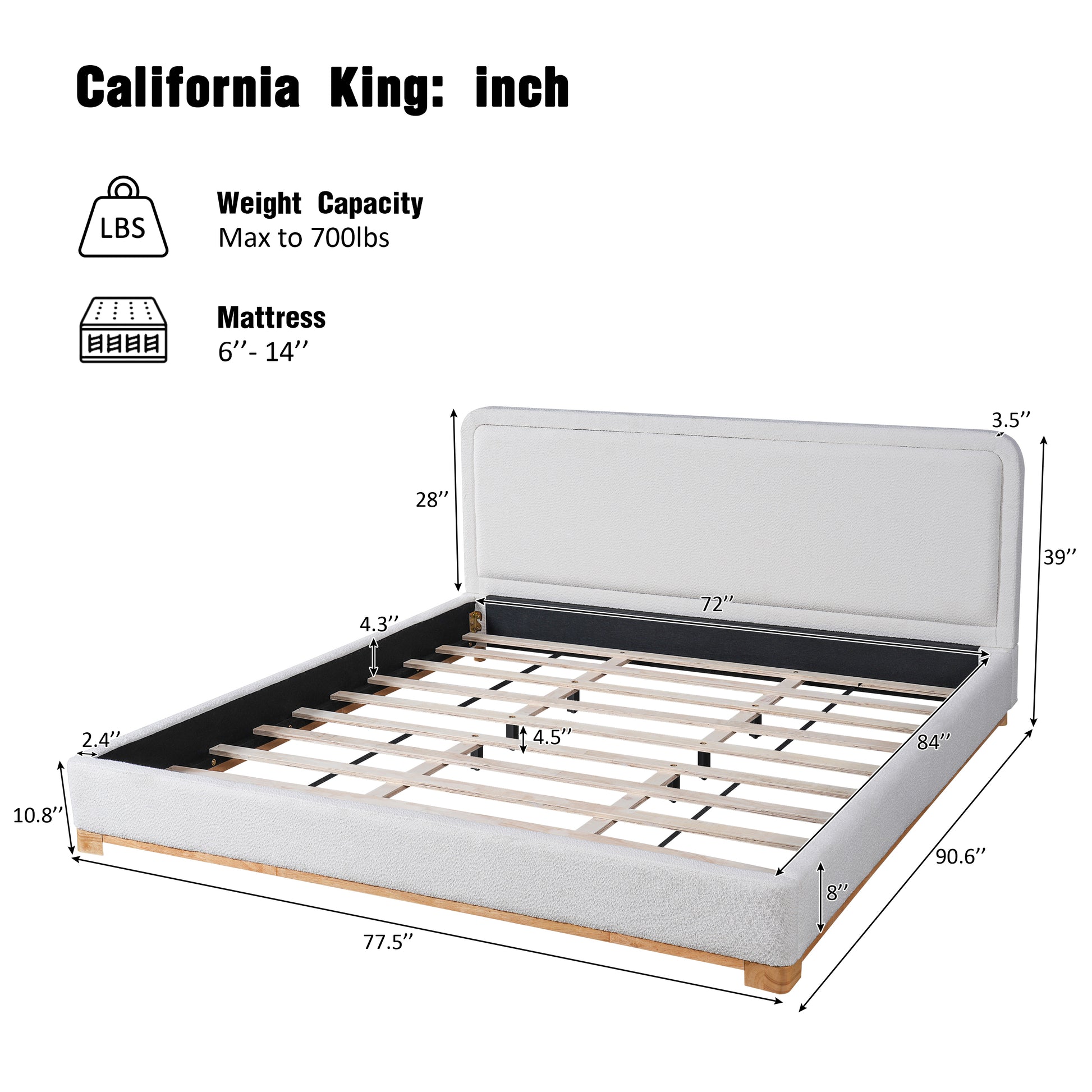 California King Size Bed Frame With Boucle Upholstered Curved Headboard, Solid Wood Base And Legs, White image 3