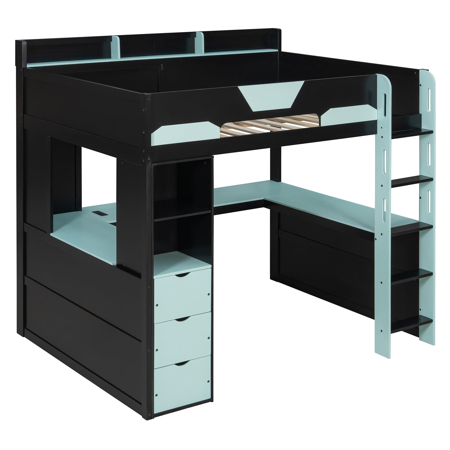 Full Size Wooden Gaming Loft Bed with U-Shaped Desk, Smart RGB LED Lights and USB Ports, Multi-Functional High Sleeper with 3 Drawers and Storage Shelves for Teens Adults, Black+Blue image 7
