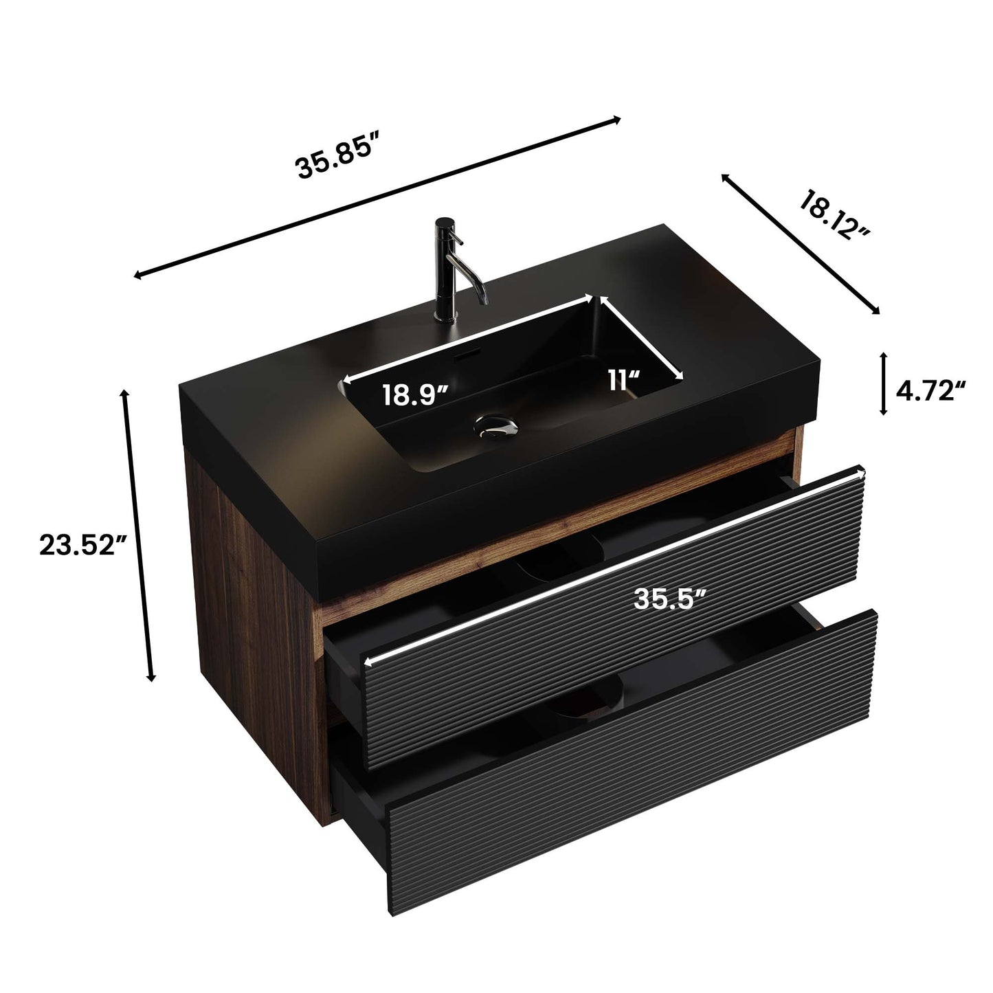 Grace 36" Walnut Bathroom Vanity with Matt Black Engineered Quartz Sink and Soft Black Drawers, Wall Mounted Floating Bathroom Vanity for Modern Bathroom, without drainage and faucet, KD image 12