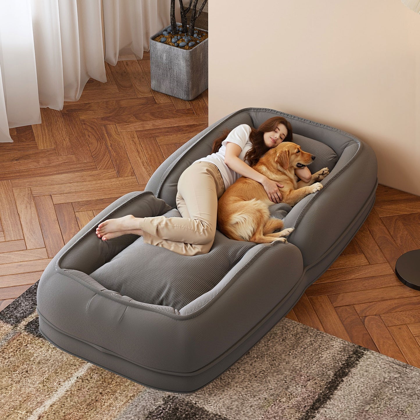Upholstered Human Dog Bed for Adults and Pets, Foldable Lazy Sofa Bed with 5 Adjustable Position, Includes 2 Soft Pillows for Bedroom, Living Room, Reading Corner(Grey) image 2
