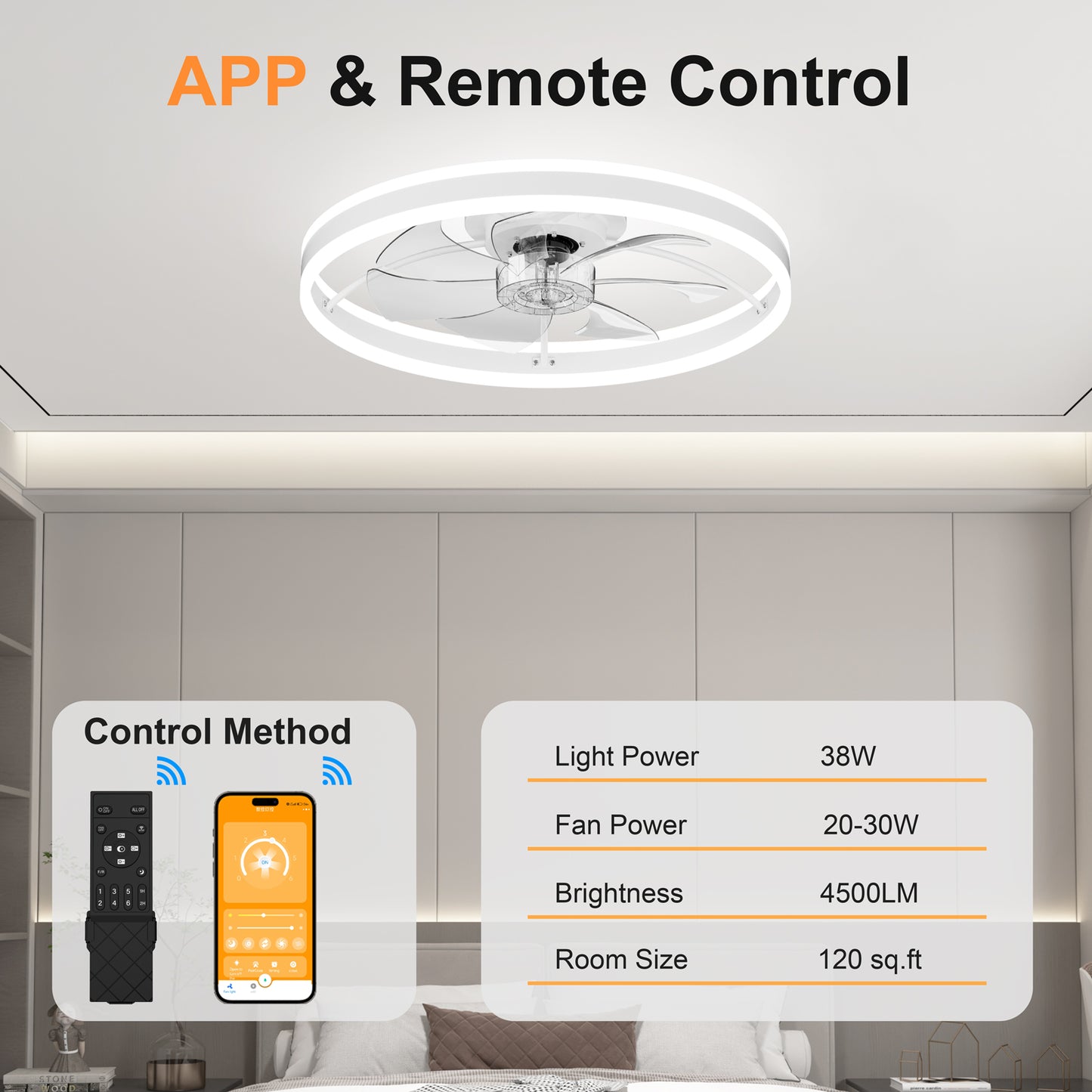 23.6 Inch Ceiling Fan with Light, Quiet DC Motor, Dimmable 3-Color Temperature 3000K-6500K, APP & Remote Control, With Timing image 5