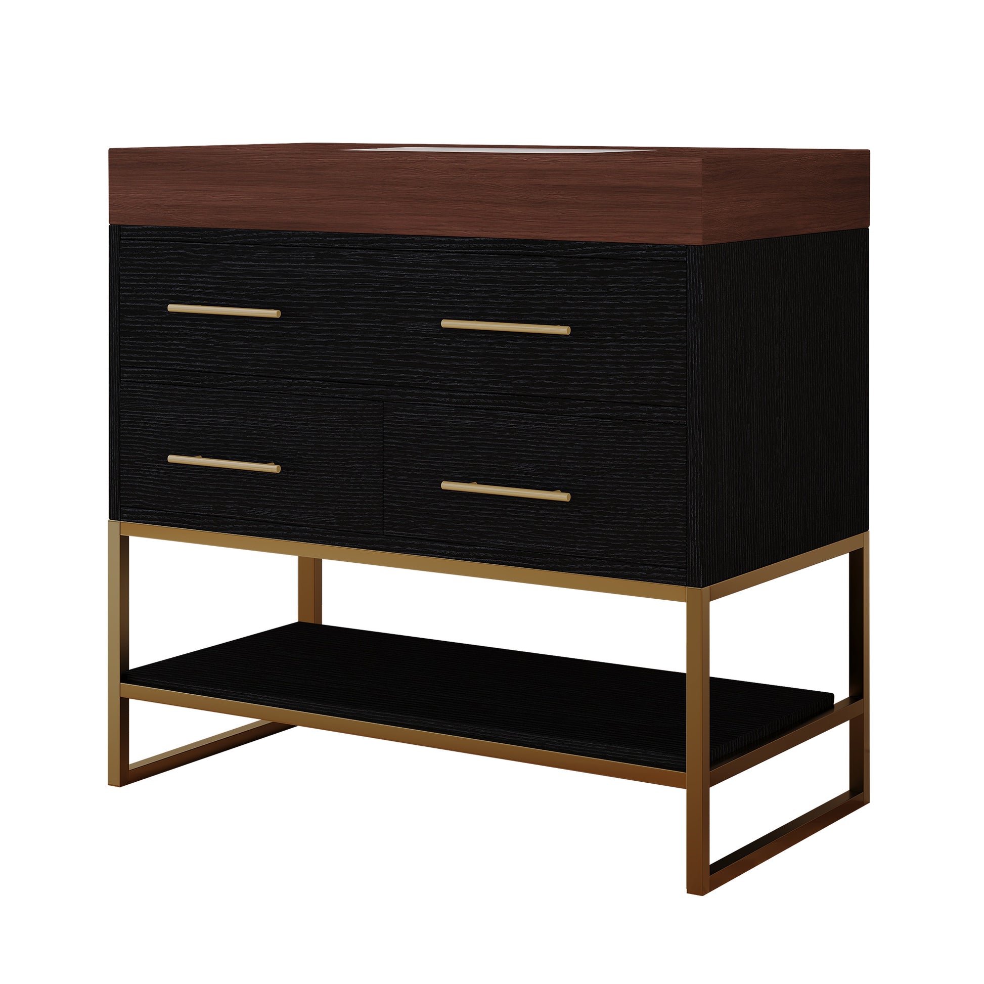 36" Artificial Stone Bathroom Vanity with Ceramic Sink, Modern Bathroom Sink Cabinet with Soft Close Drawers and Open Shelves, Free-standing Bathroom Vanity with Stainless Steel Legs and Large Space S image 8