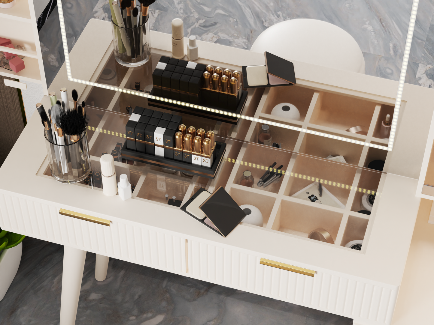 Makeup Vanity Desk with Mirror and Lights The fluted panel design, which is distinct and meticulously detailed image 6
