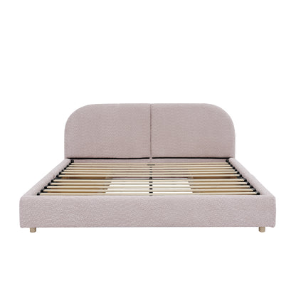 Queen Size Upholstered Bed Frame Modern Minimalist Style - Circle Yarn Fabric, Tall Curved Headboard, Sturdy Leg Support & Wheeled Drawer Storage, Mattress Not Included -Pink image 11