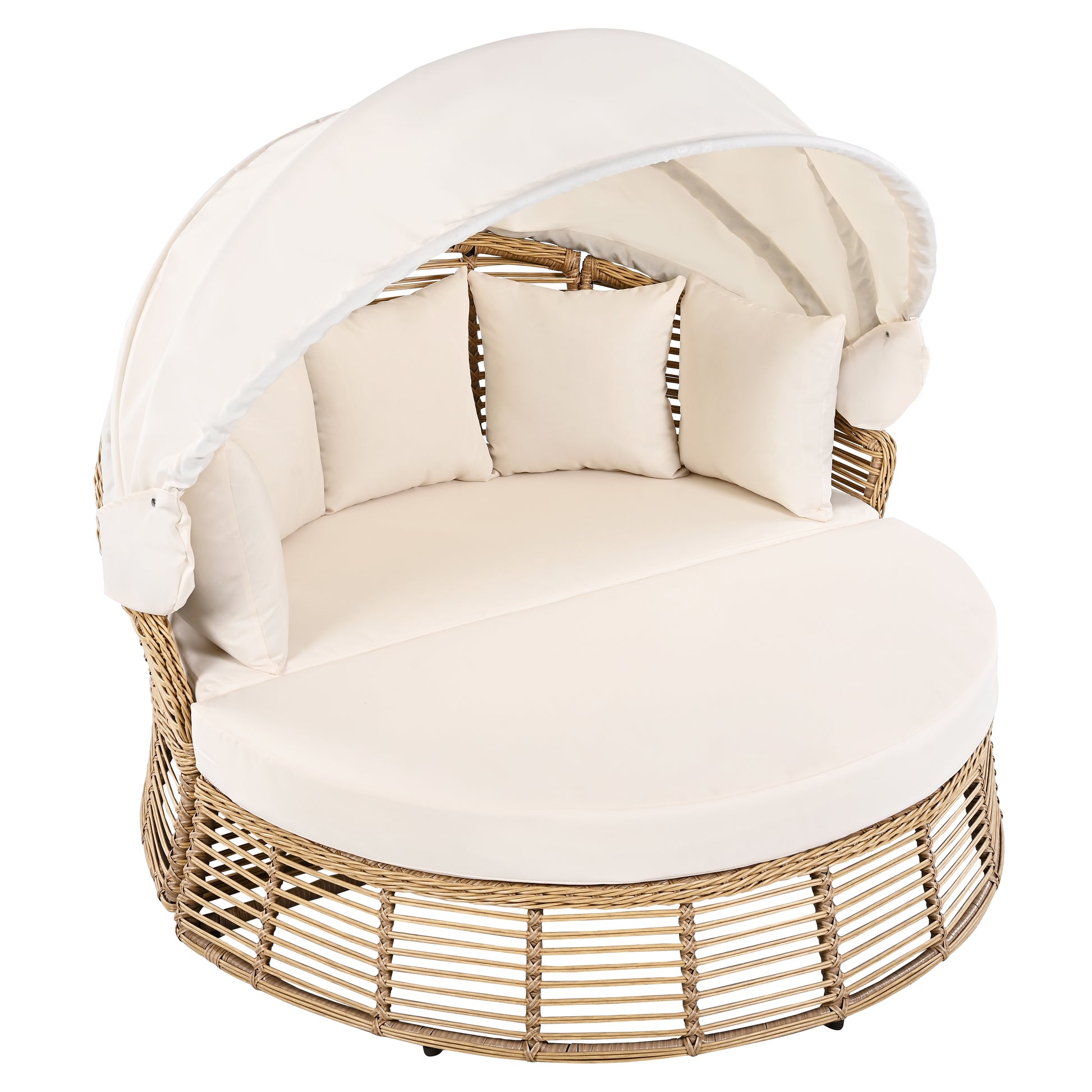 <Old SKU: N704G201243A> Outdoor Patio Rattan Round Daybed with Retractable Canopy, Wicker Furniture Round Poolside Sofa Sunbed with Removable Cushions, Backyard, Porch, Beige image 11