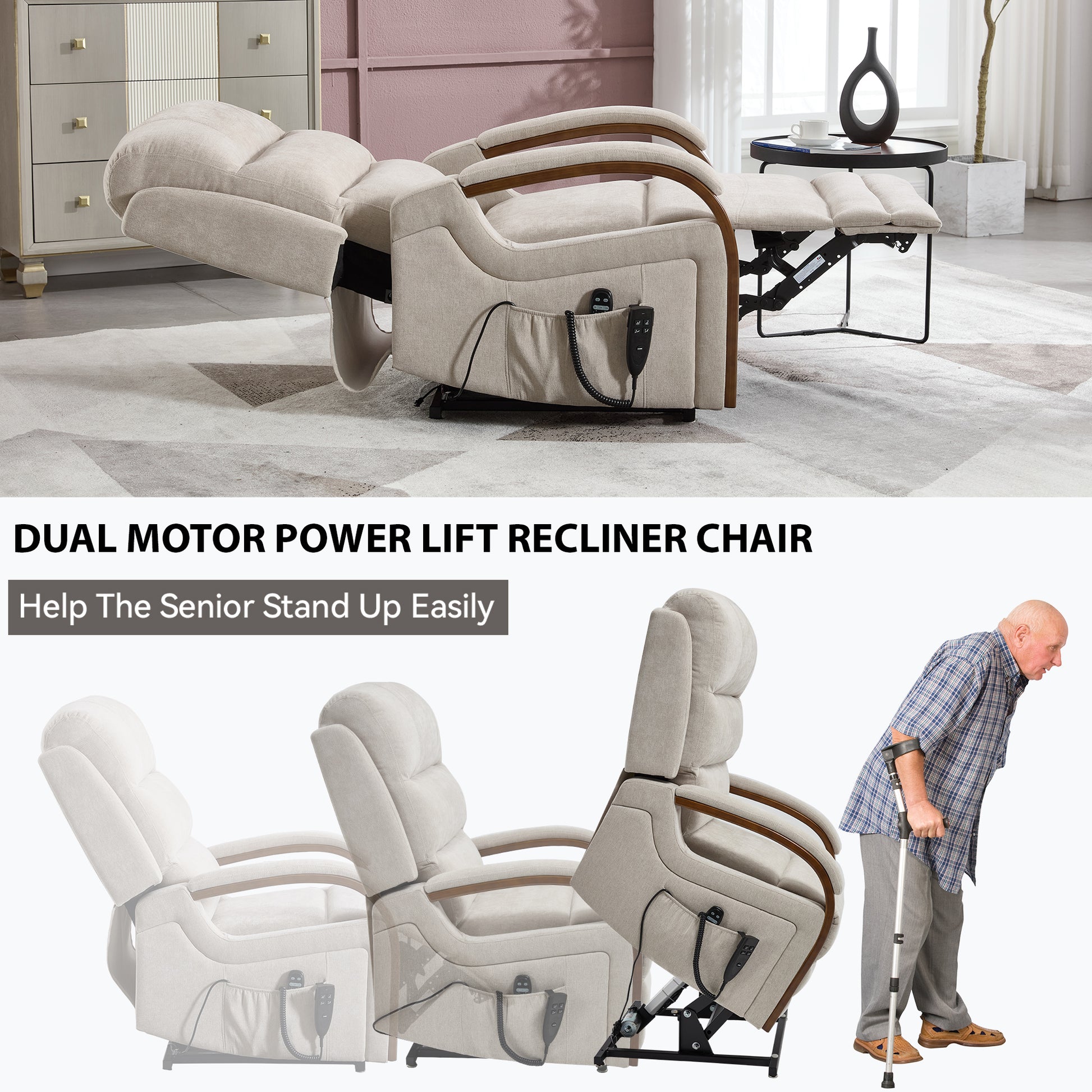 Power Beige Chenille Lift Recliner Chair Dual Motor Infinite Position Up to 350 LBS with Solid Wood Armrests, Heat Massage and Heavy Duty Motion Mechanism image 10