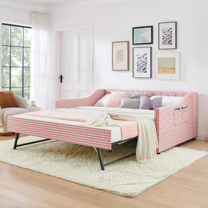 Full‑Size Daybed,Upholstered Convertible Daybed with Tufted Button Backrest, 3‑in‑1 Versatile Sofa Bed with Pull‑Out Trundle & Side Storage, Perfect for Compact Living-Pink image 4