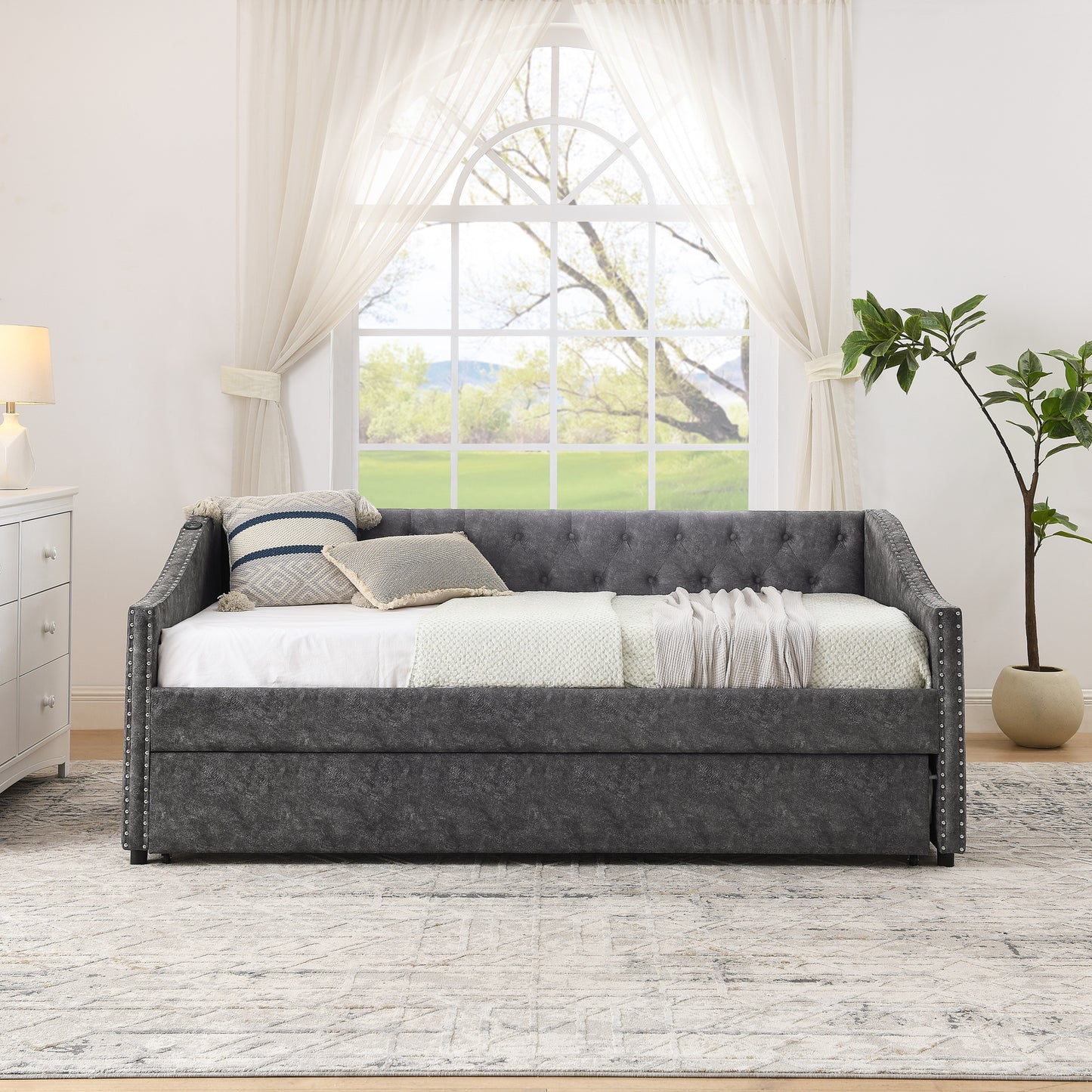 Twin Size Daybed with USB Charging & Pull-out Extendable Bed, with Button on Back and Copper Nail on Waved Shape Arms (81"x42"x30.75") image 5