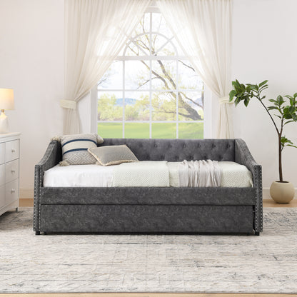 Twin Size Daybed with USB Charging & Pull-out Extendable Bed, with Button on Back and Copper Nail on Waved Shape Arms (81"x42"x30.75") image 5