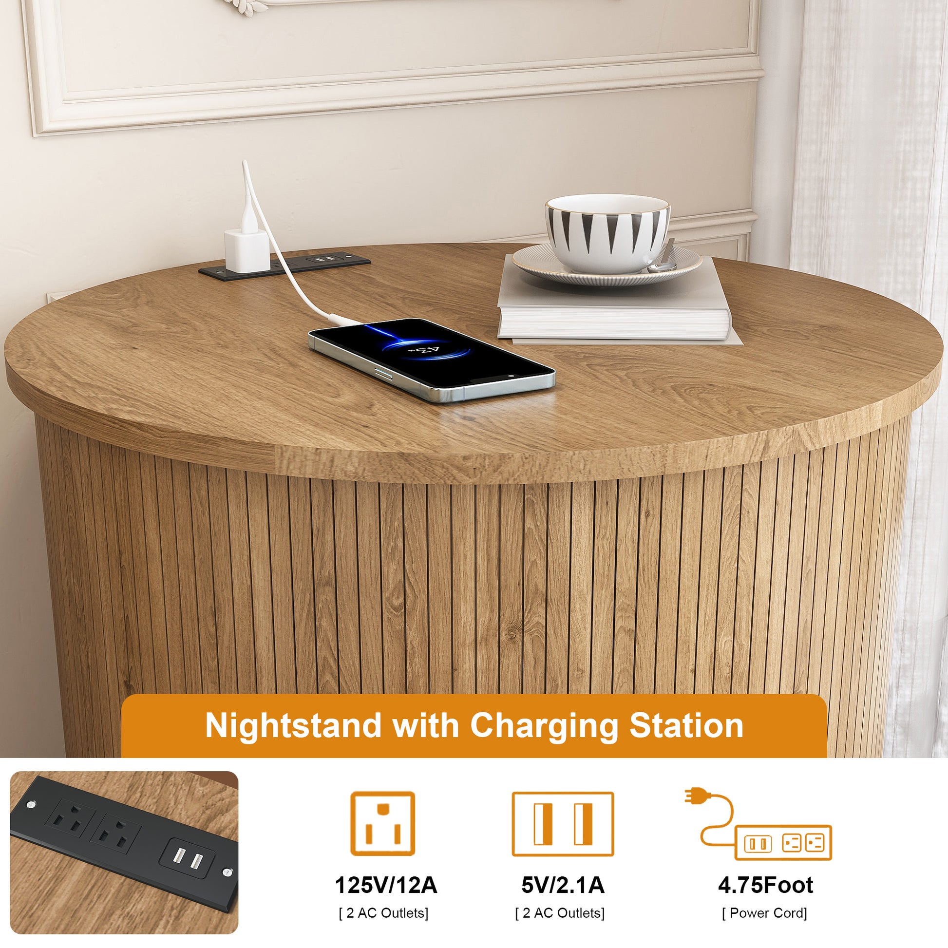 Set of2 Mid Century Modern Cylinder End Table with Built-in Charging Station & Sliding Door, 2-Tier Storage Round Nightstand with USB Ports, Osk Bedside Table for Living Room, Bedroom, Entryway image 6