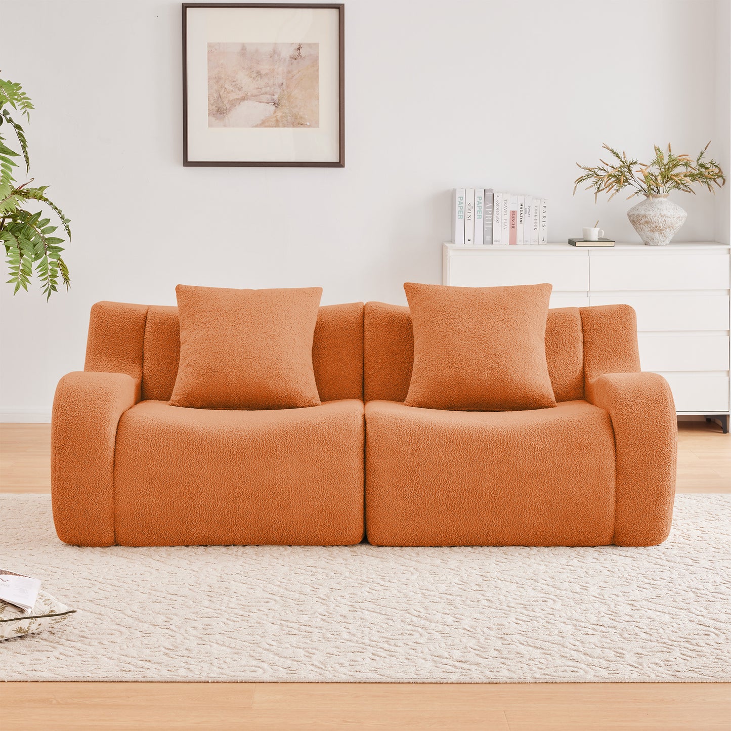 Soft Teddy Fabric Boneless Sofa,No Assembly Required Streamlined Design,Anti-Slip Design 32D High Density Sponge Living Rooms Bedrooms,Orange image 3