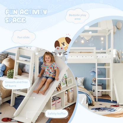 Twin over Full House Bunk Bed with Ladders and Slides, House Floor Bunk Bed with Storage Shelves and Wardrobe, Playhouse Design,Beige image 7