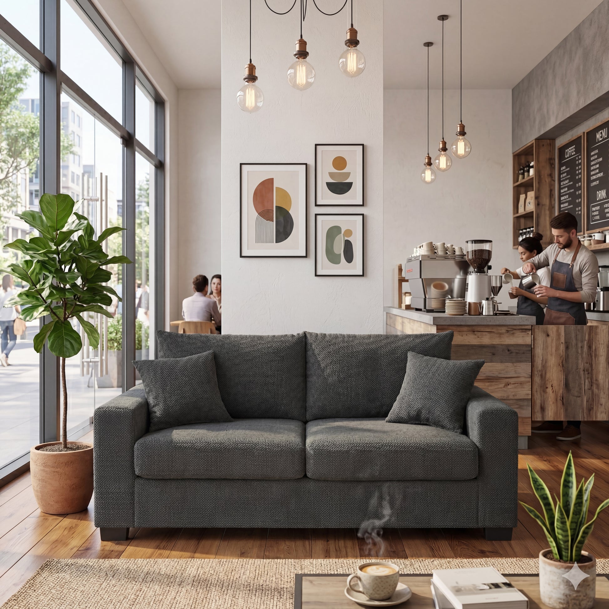 69-inch two-seater Sofa with Textured Fabric, Comfortable Upholstered Couch with 2 Throw Pillows and Sturdy Plastic Legs for Living Room, Apartment, Office, Dark Grey image 2