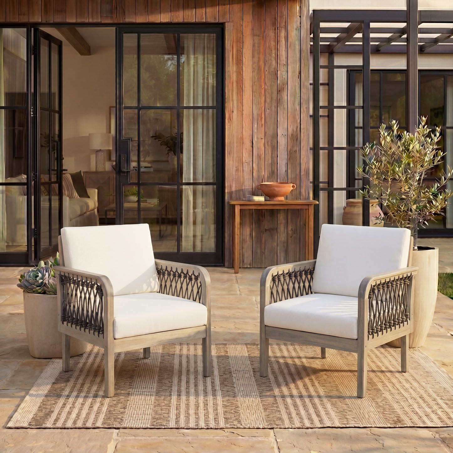 Outdoor Acacia Wood Club Chair with Handwoven Rope(Set of 2), Light Teak Finish image 2