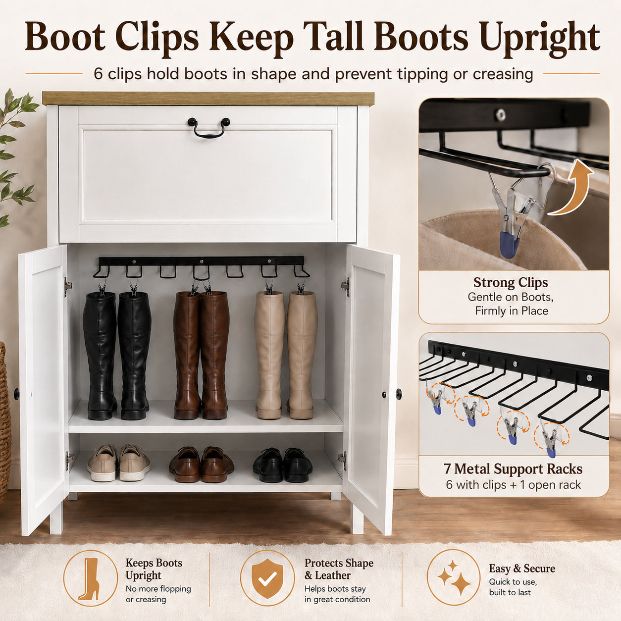 Shoe Cabinet with Flip Drawer, Boot Rack and 6 Boot Clips, Narrow Entryway Shoe Cabinet with Adjustable Shelf, Freestanding Shoe Organizer Cabinet for Entryway, Foyer, 31.5"W x 15.7"D x 45.3"H-White image 3
