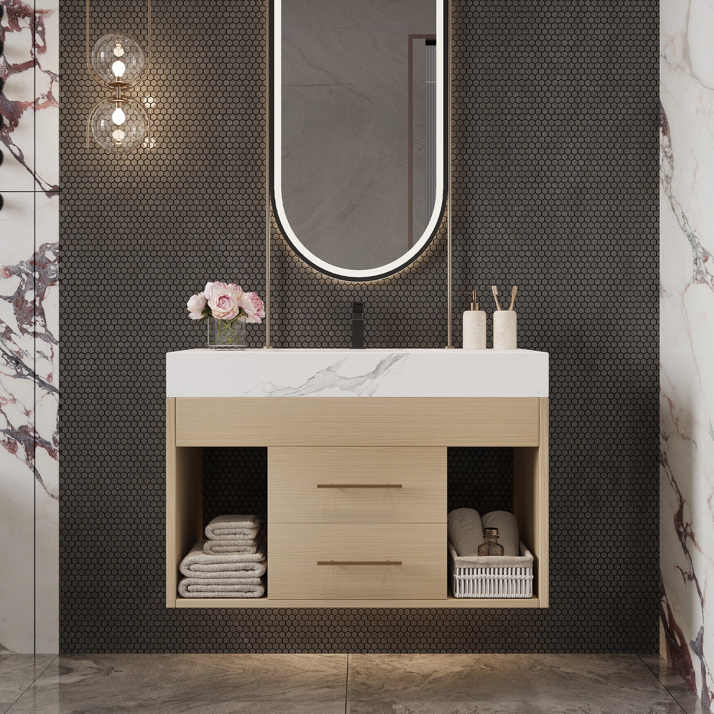 29.9" Modern Floating Bathroom Vanity with Sintered Stone Top Ceramic Undermount Sink Wall-Mounted for Small Bathrooms, Apartment image 2