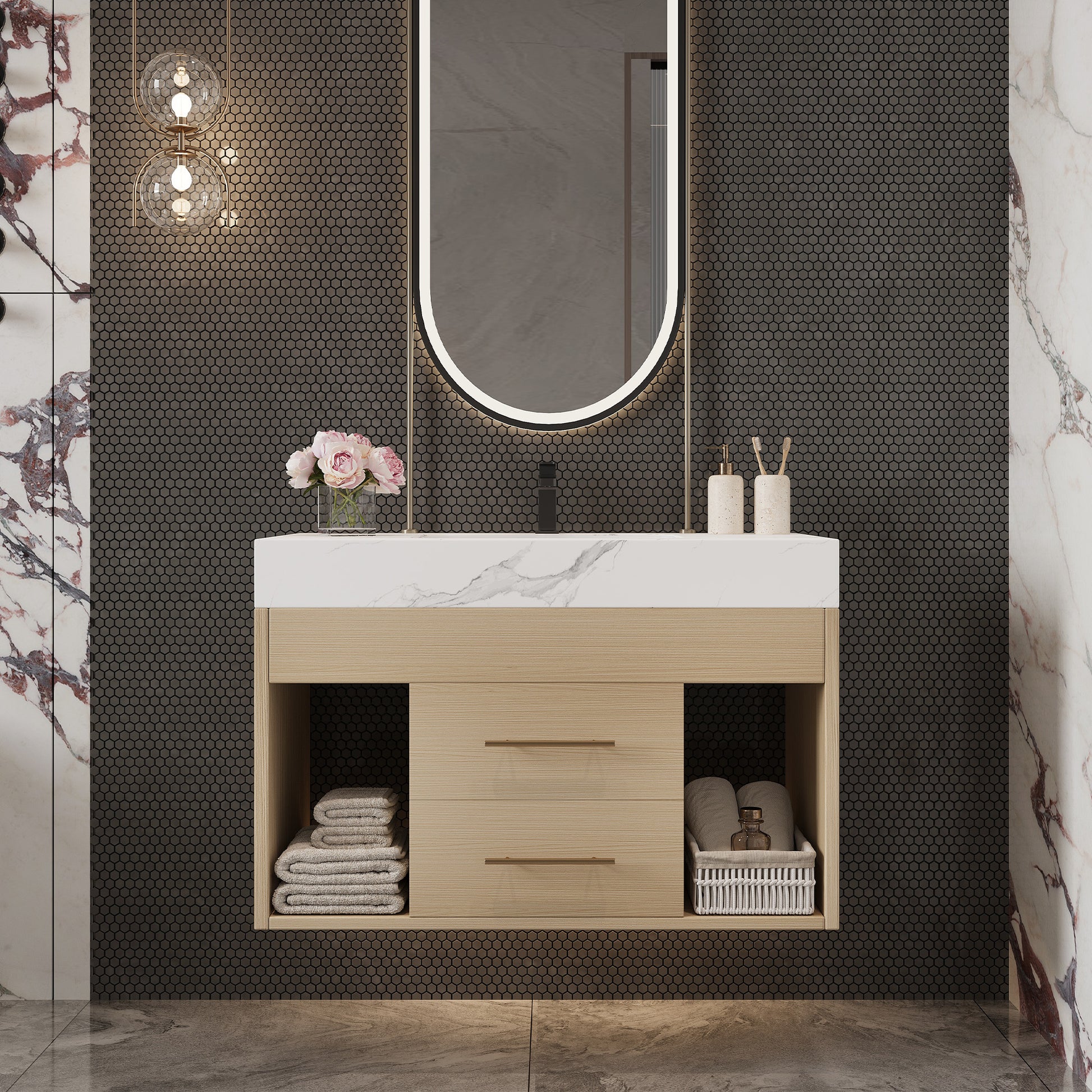 29.9" Modern Floating Bathroom Vanity with Sintered Stone Top Ceramic Undermount Sink Wall-Mounted for Small Bathrooms, Apartment image 2