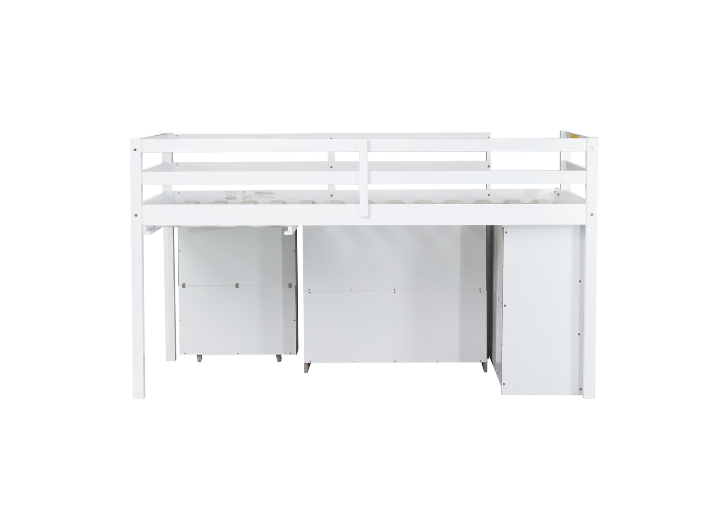 Twin Loft Bed w. stroage case,drawers,Twin Loft Bed with,Drawer Cabinet, Shelf Cabinet and Pulling -Out Desk,Rubber Wood Loft Bed with Safety Guardrail,Ladder,White image 3