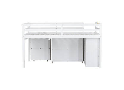 Twin Loft Bed w. stroage case,drawers,Twin Loft Bed with,Drawer Cabinet, Shelf Cabinet and Pulling -Out Desk,Rubber Wood Loft Bed with Safety Guardrail,Ladder,White image 3