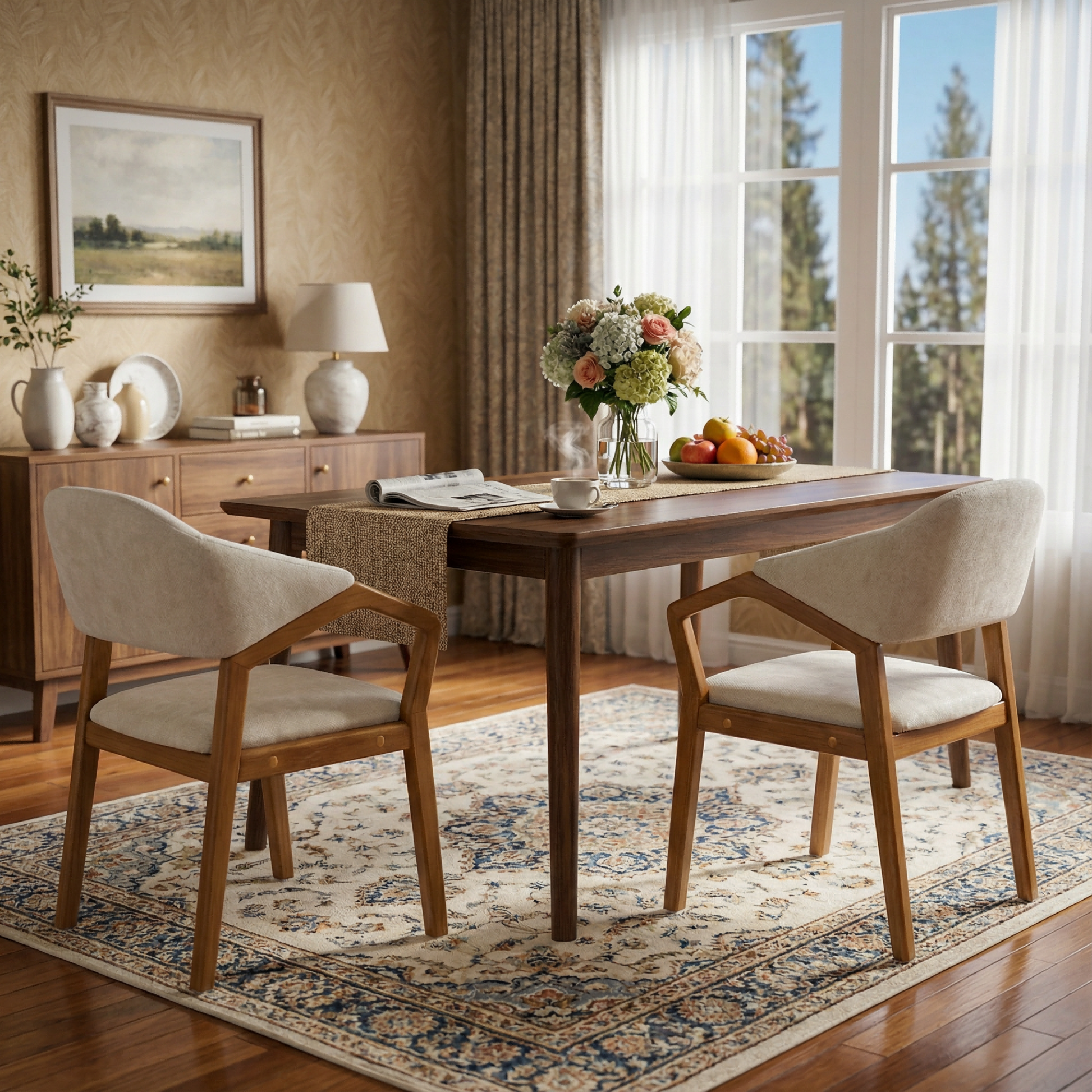Indoor Dining Chair Set of 2, Beige Chenille Upholstered Armchair with Sturdy Frame, 300lbs Capacity, Ergonomic Curved Backrest image 2