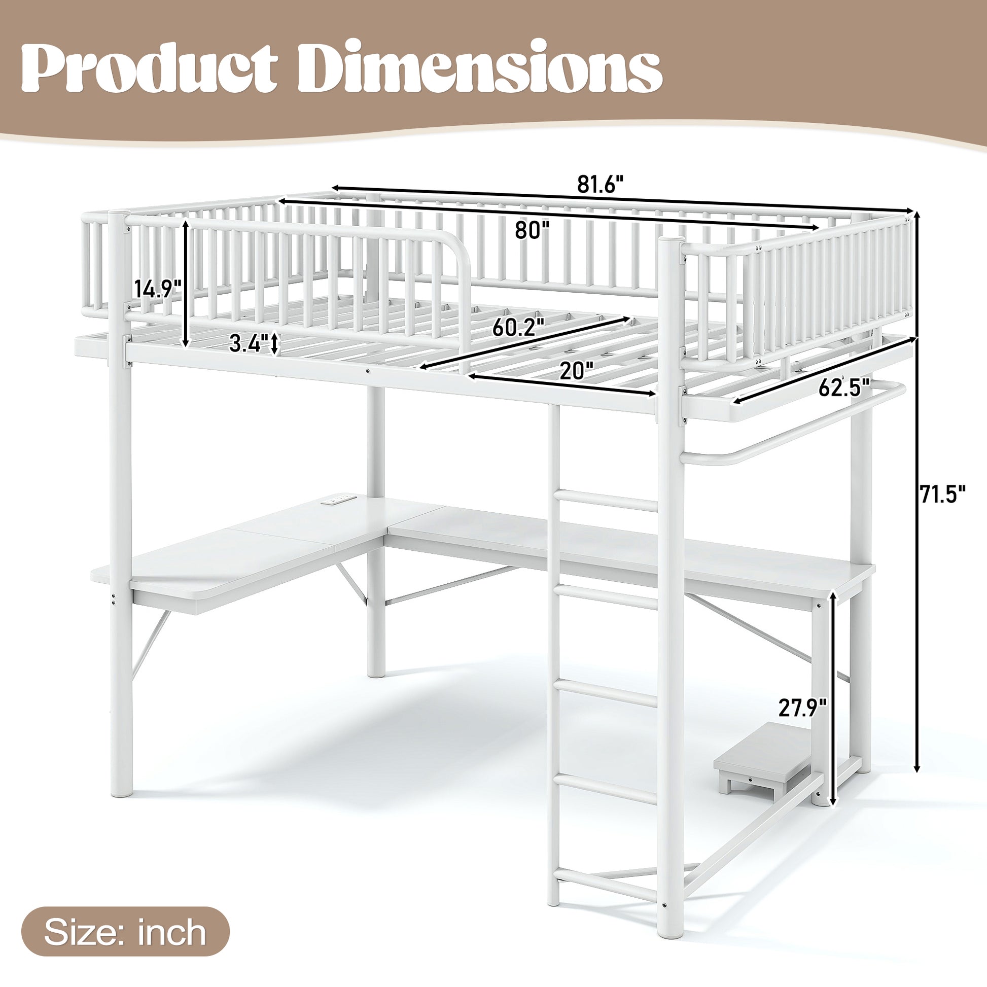 Queen Loft Bed with L-Shaped Desk,LED Light Strip and Charge Station, Metal Loft Bed with Computer Mainframe Tray and Hanging Area, Special Round Pipe Design, White image 6