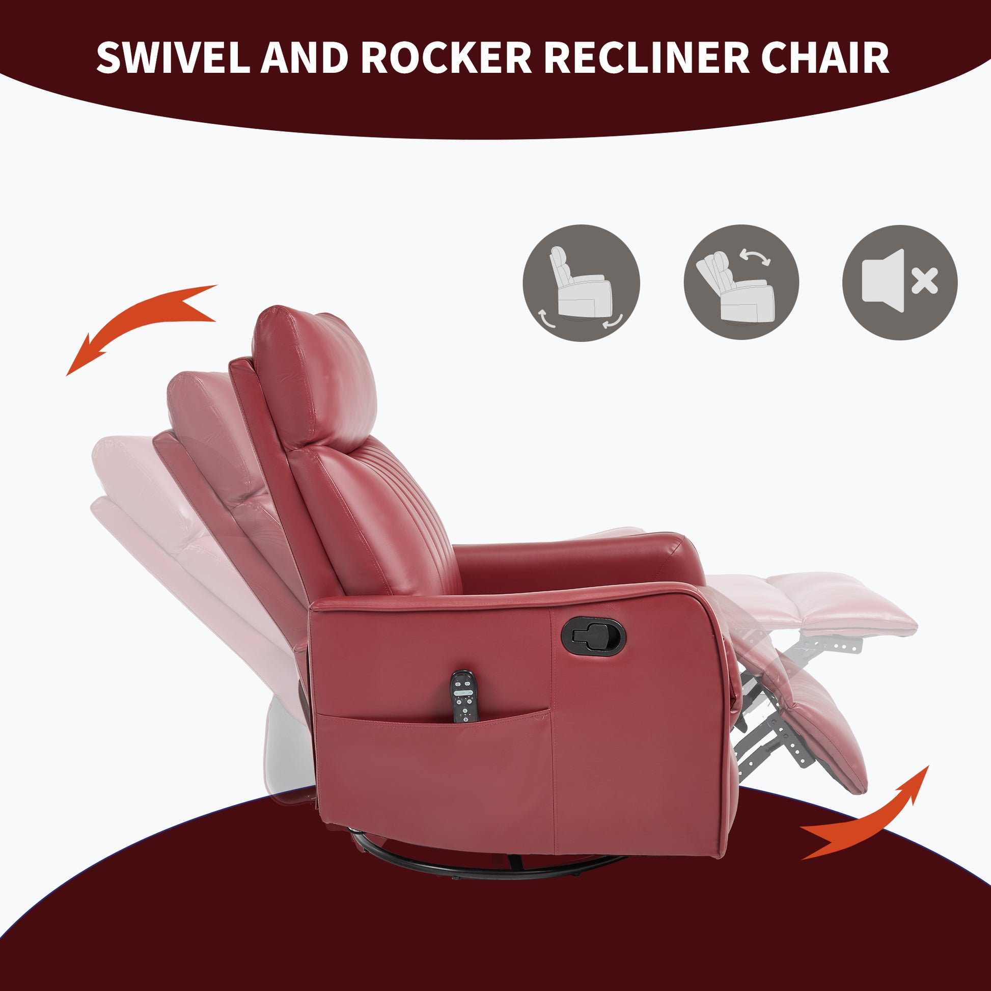 Red Faux Leather Heat Massage Manual Recliner Chair with Rocker and Swivel for Living Room image 6