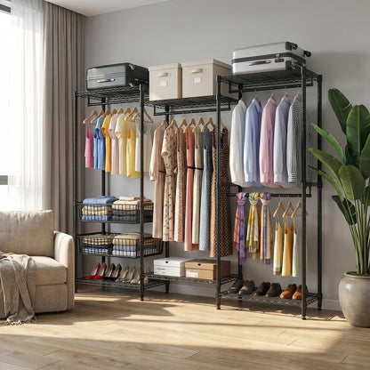 Heavy Duty Clothes Rack, Freestanding Garment Rack with 4 Hanging Rods & 2 Wire Baskets, Large Size Clothing Rack with Adjustable Wire Shelves, 68.5" W x 17.1" D x 76.4" H, Black image 6