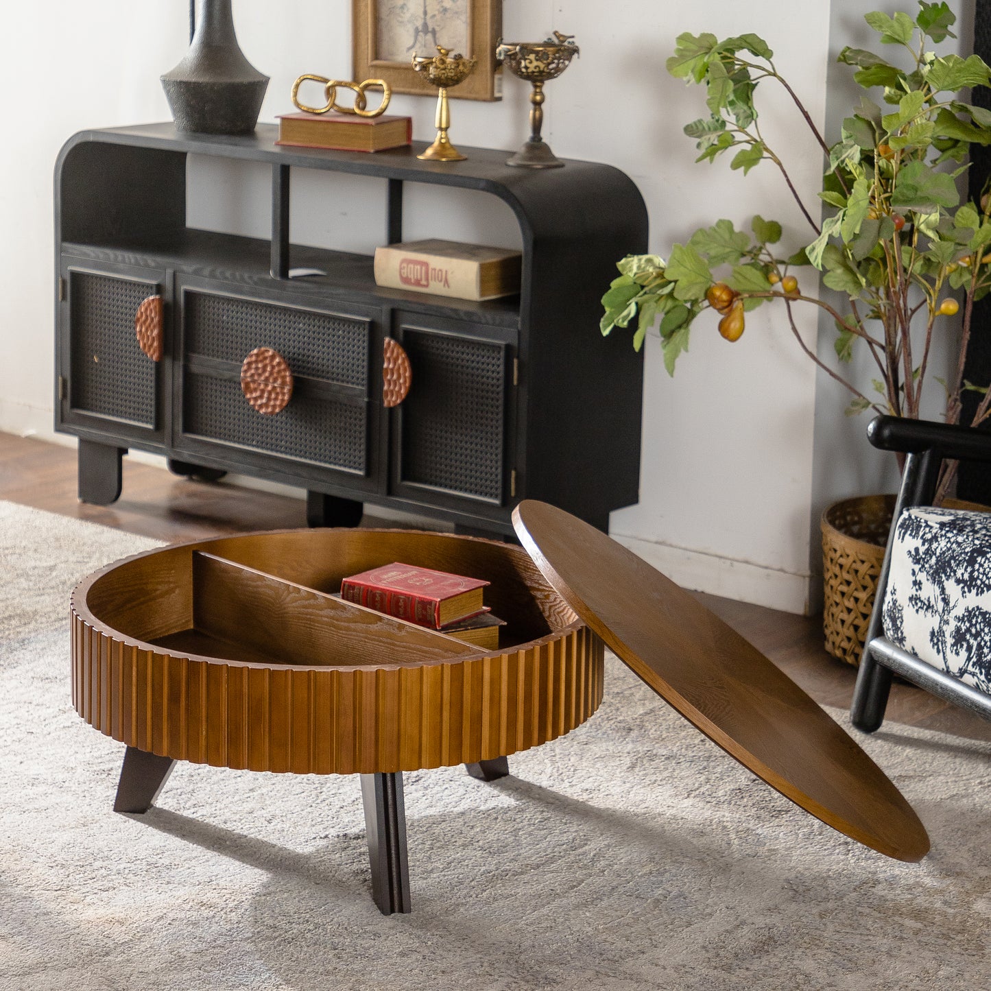31.5" Retro Round Coffee Table with Storage Space, Suitable for Living Room and Office, Natural image 3