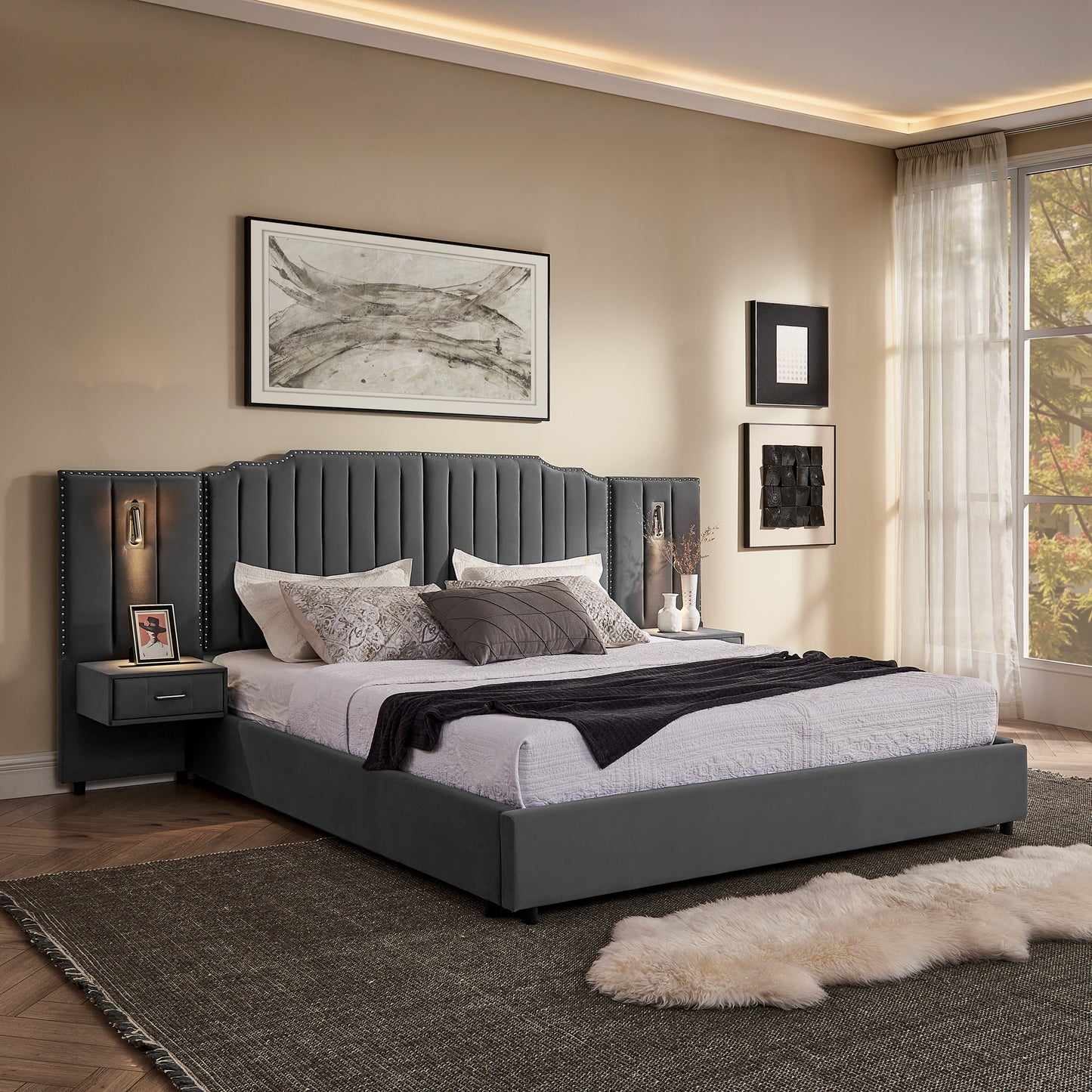 King Size Upholstered Bed Frame with Velvet Fabric, Vertical Stripe Design with Buttons Around King Size Platform Bed with Headboard, Solid Frame & Bedside Table - No Box Spring Needed-Gray image 1