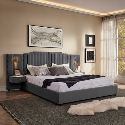 King Size Upholstered Bed Frame with Velvet Fabric, Vertical Stripe Design with Buttons Around King Size Platform Bed with Headboard, Solid Frame & Bedside Table - No Box Spring Needed-Gray image 1