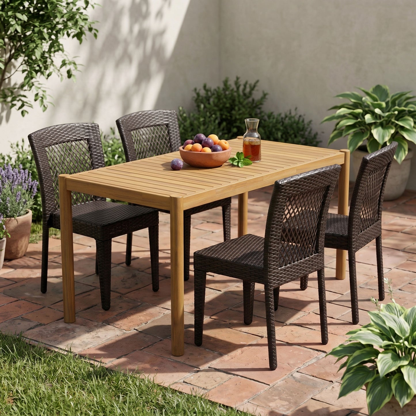 5-Piece Outdoor Dining Set, Acacia Wood Rectangular Patio Table & 4 PE Rattan Iron Frame Dining Chairs image 2