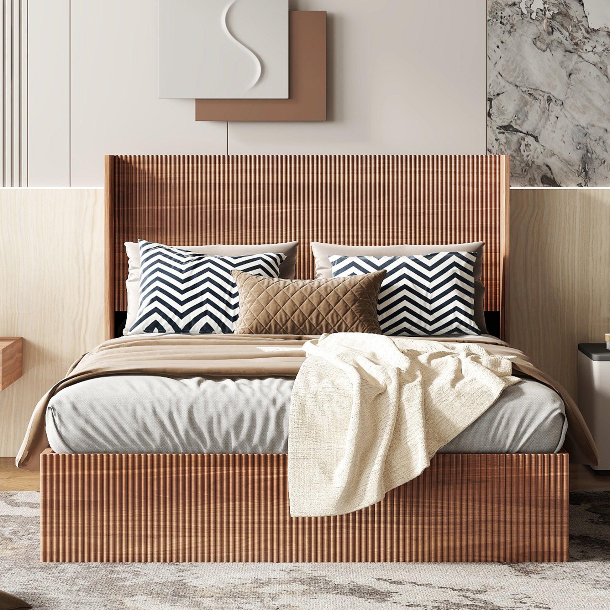 (Queen size) bed frame with a grooved and undulating lifting storage function, featuring a lifting storage feature, safe and beautiful / without noise, a wooden slat platform bed frame in a natural image 1